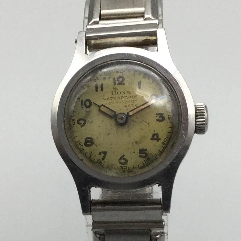 Vintage 1940s Doxa Military Watch 24mm Silver Tone Steel Bracelet Manual Wind